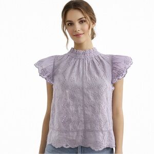 Jennifer & Grace Lavender Eyelet Embroidered Blouse Top S Small Flutter Ruffle